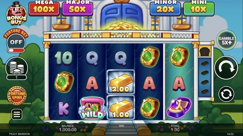 Piggy Mansion – spillskjerm med 5x3 rutenett og pengesymboler